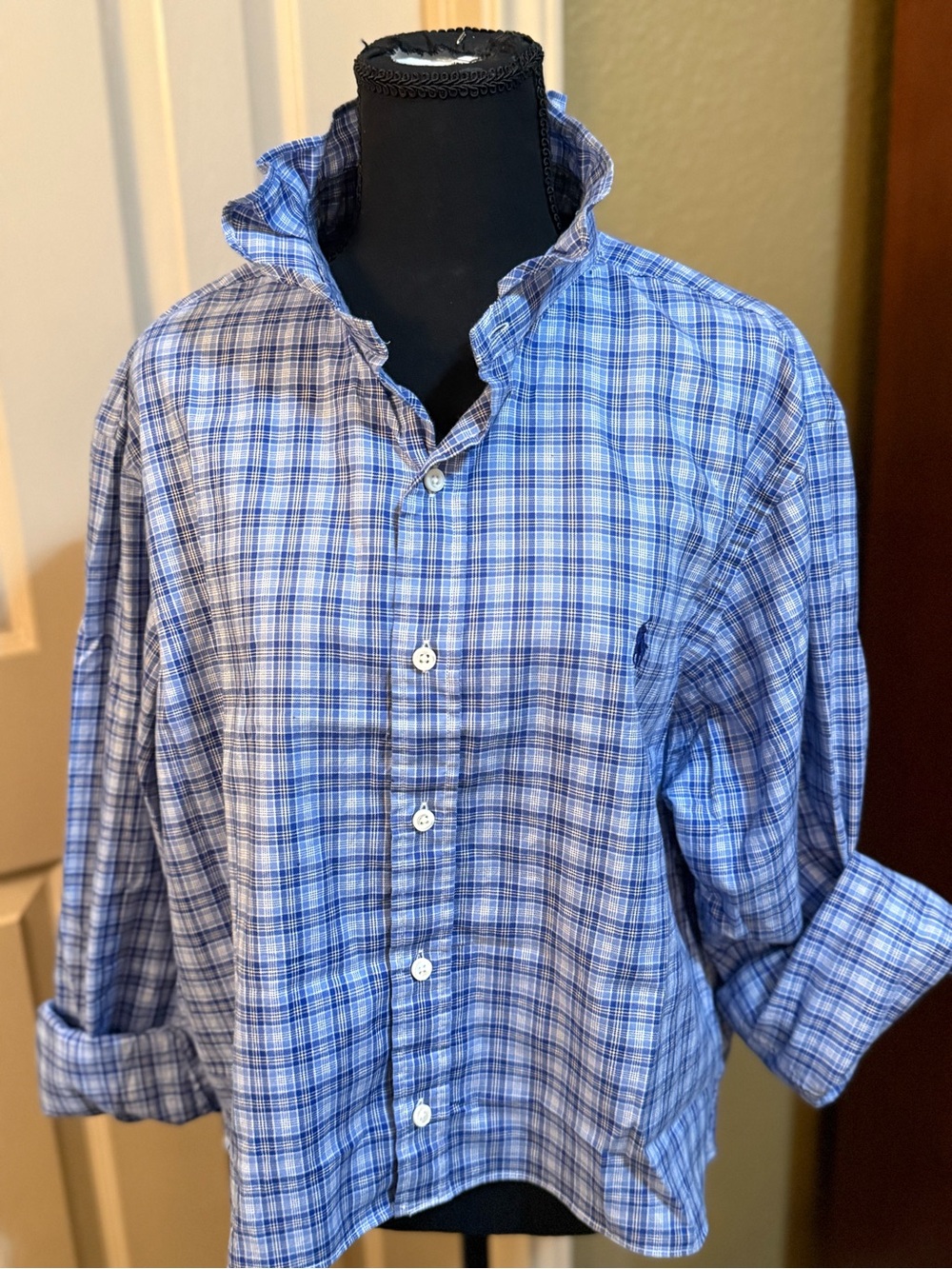Upcycled Men’s Ralph Lauren Ckassic Blue Plaid Button-Down Shirt - Picture 2 of 8